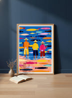 Colorful Fishermen Folk Art art print shown in a navy paneled oak setting