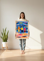 Colorful Fishermen Folk Art art print shown in a person holding bright setting