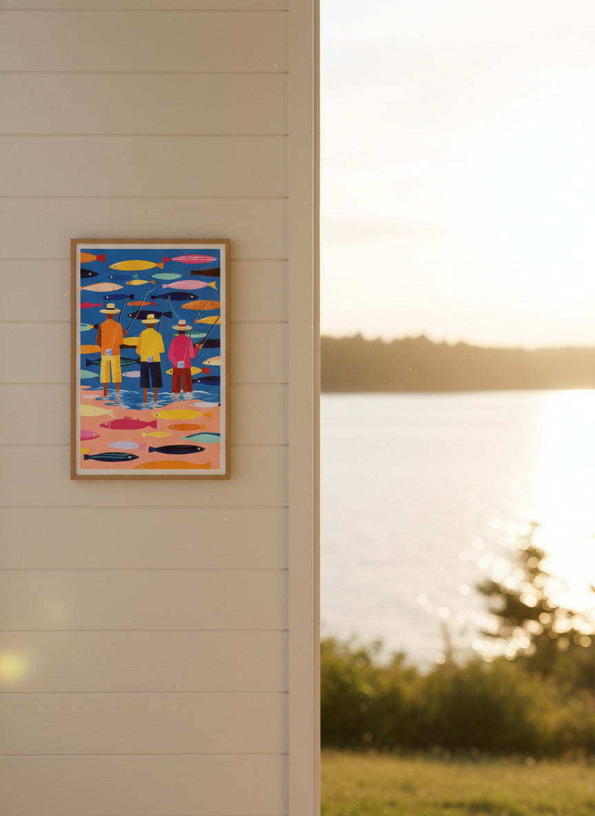 Colorful Fishermen Folk Art art print shown in a shiplap blurred view setting