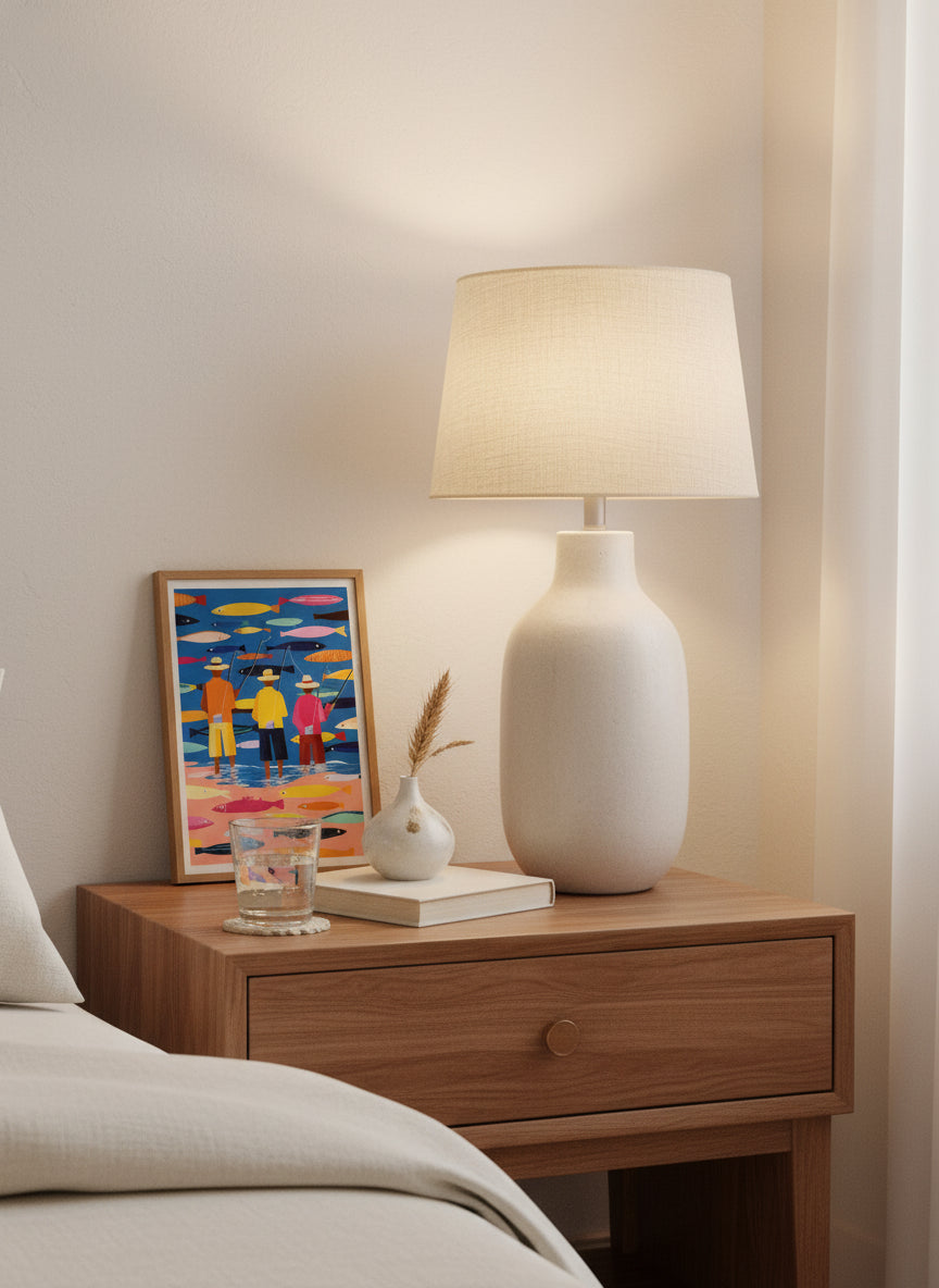 Colorful Fishermen Folk Art art print shown in a small bedside oak setting