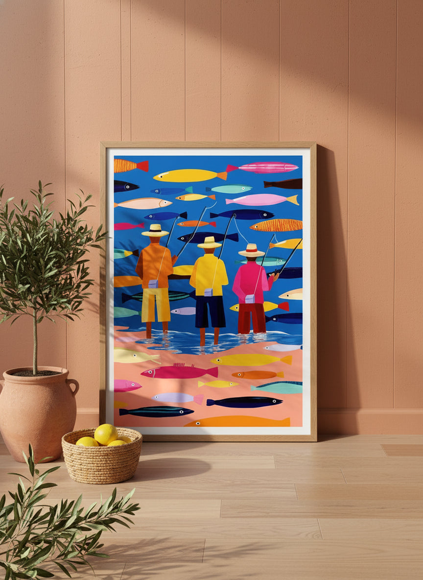Colorful Fishermen Folk Art art print shown in a terracotta rustic setting