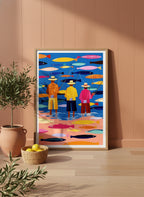 Colorful Fishermen Folk Art art print shown in a terracotta rustic setting