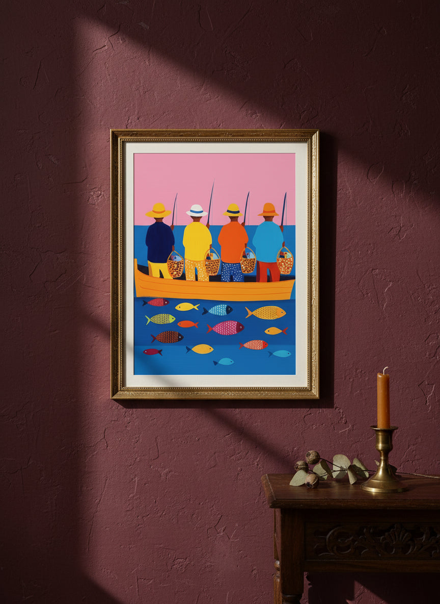 Colorful Fishermen Boat Art art print shown in a burgundy brass setting