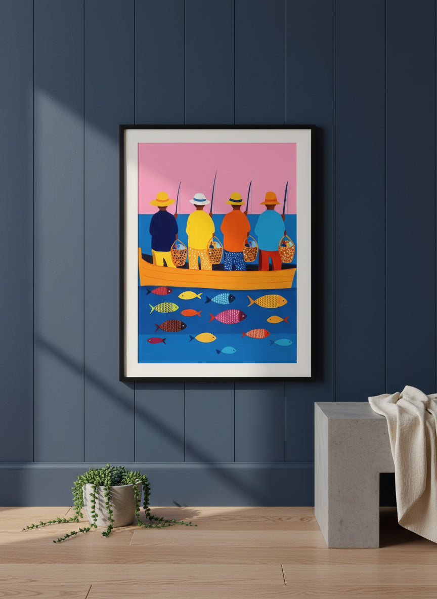 Colorful Fishermen Boat Art art print shown in a charcoal minimal black setting