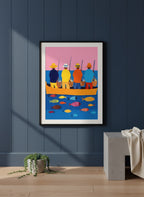 Colorful Fishermen Boat Art art print shown in a charcoal minimal black setting