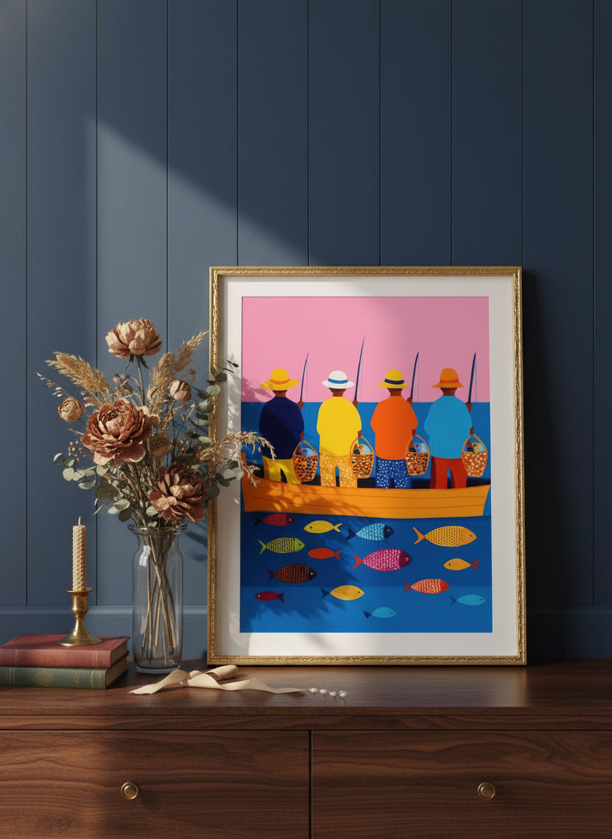 Colorful Fishermen Boat Art art print shown in a dresser dried florals setting