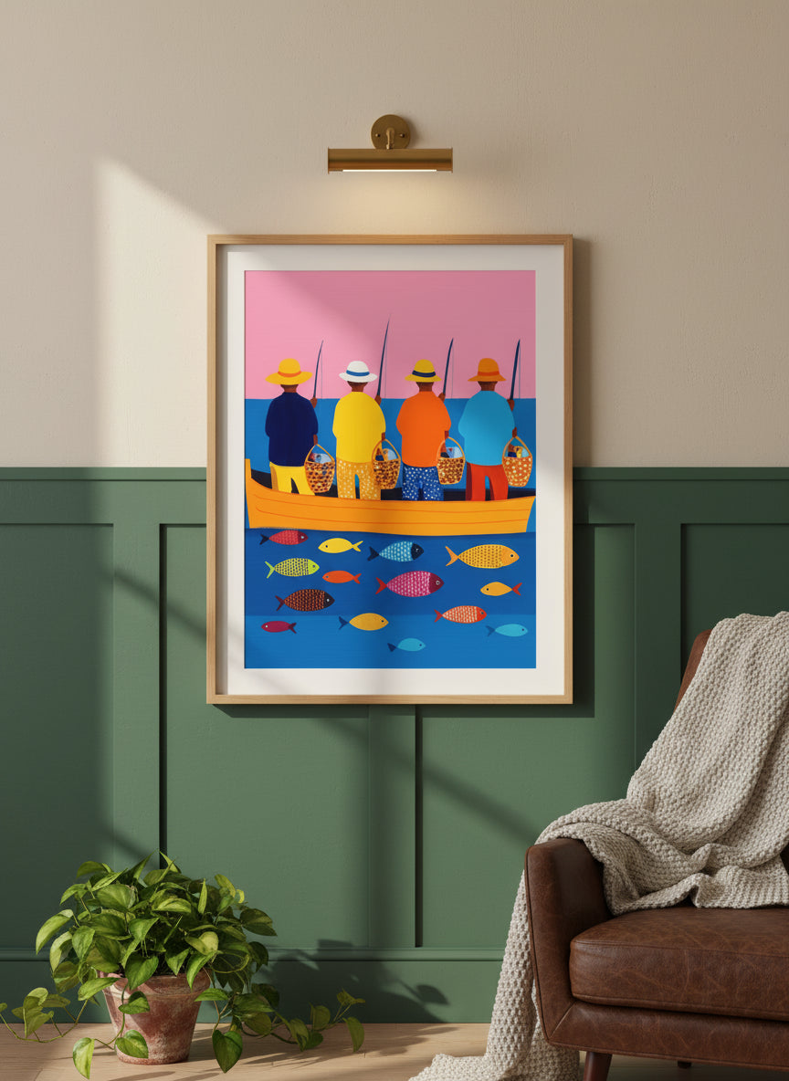 Colorful Fishermen Boat Art art print shown in a forest green walnut setting