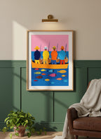Colorful Fishermen Boat Art art print shown in a forest green walnut setting