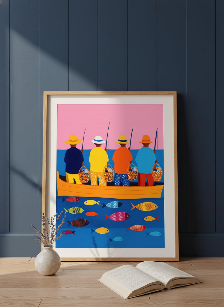 Colorful Fishermen Boat Art art print shown in a navy paneled oak setting