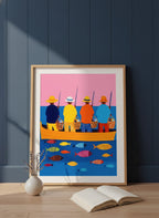 Colorful Fishermen Boat Art art print shown in a navy paneled oak setting