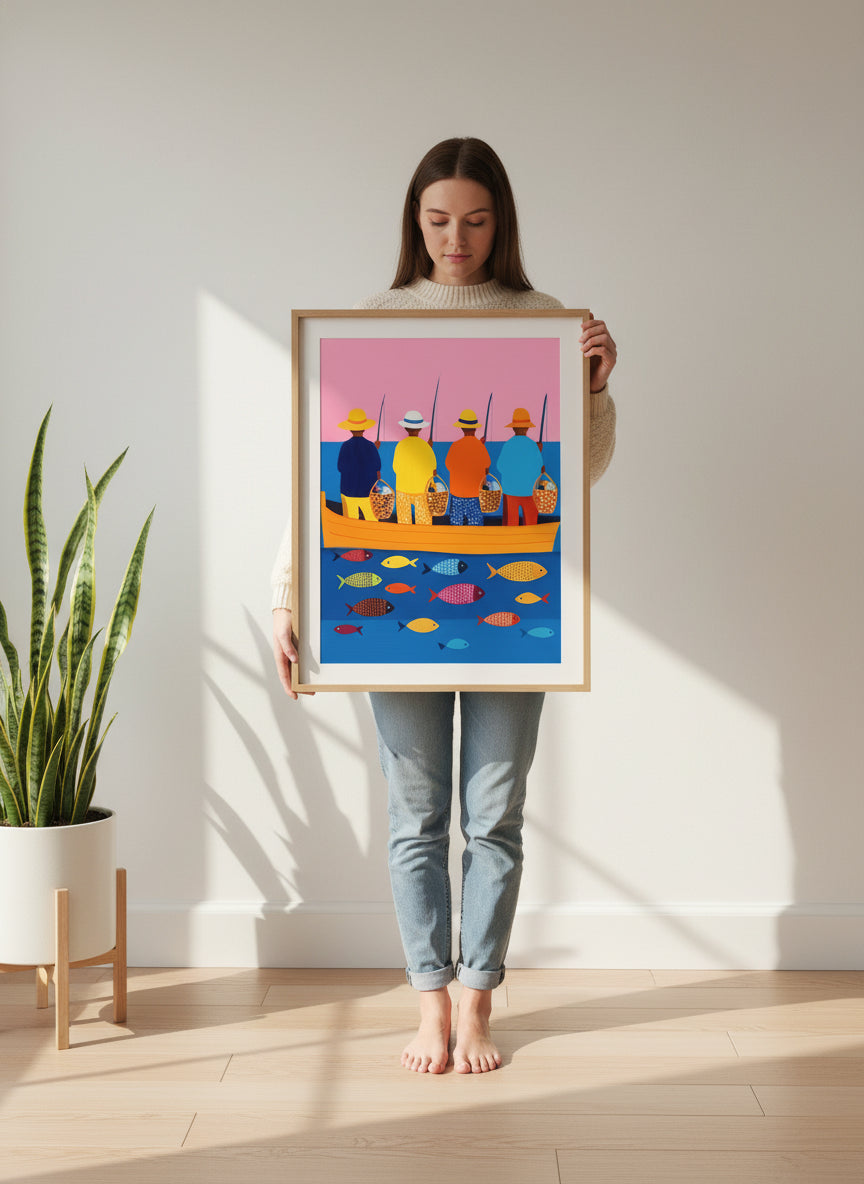 Colorful Fishermen Boat Art art print shown in a person holding bright setting