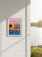Colorful Fishermen Boat Art art print shown in a shiplap blurred view setting