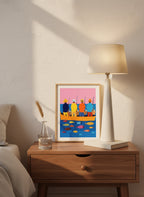 Colorful Fishermen Boat Art art print shown in a small bedside oak setting