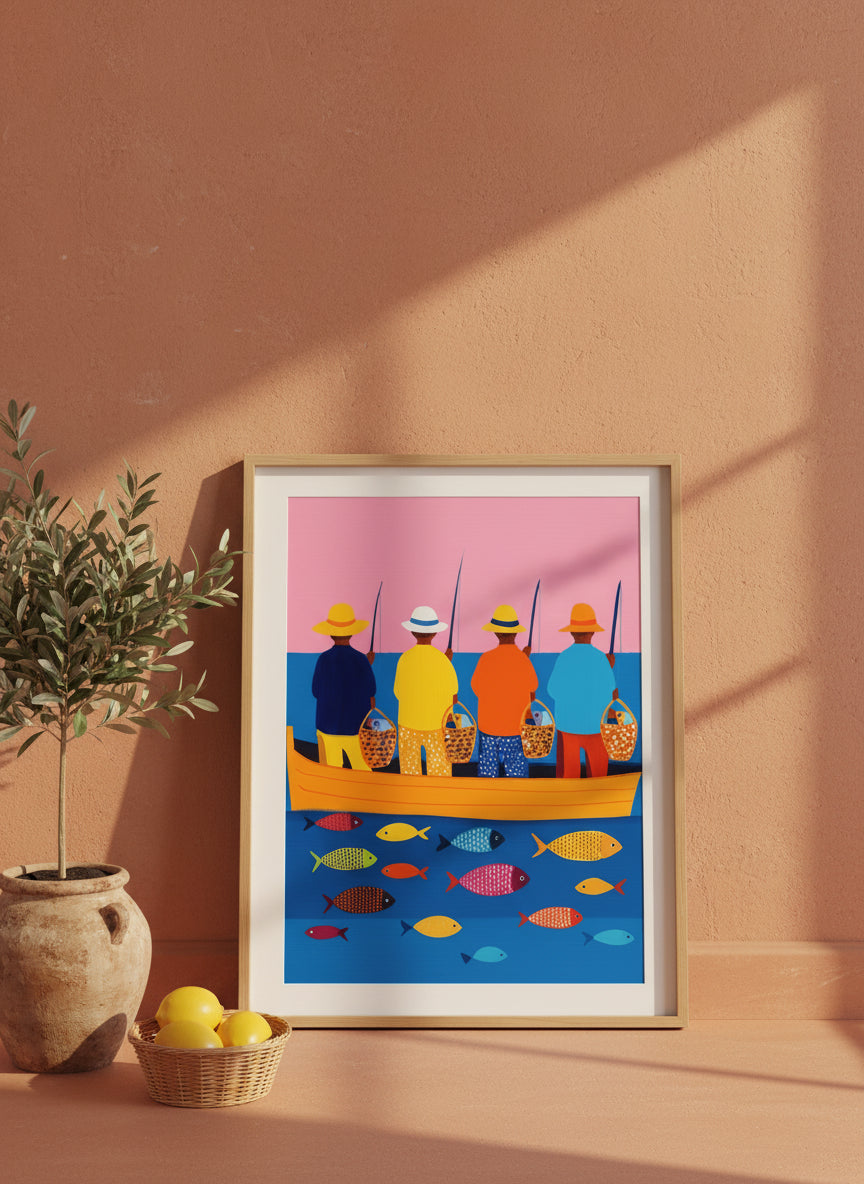 Colorful Fishermen Boat Art art print shown in a terracotta rustic setting