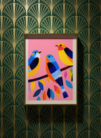 Colorful Birds on Branch Art art print shown in a art deco geometric setting
