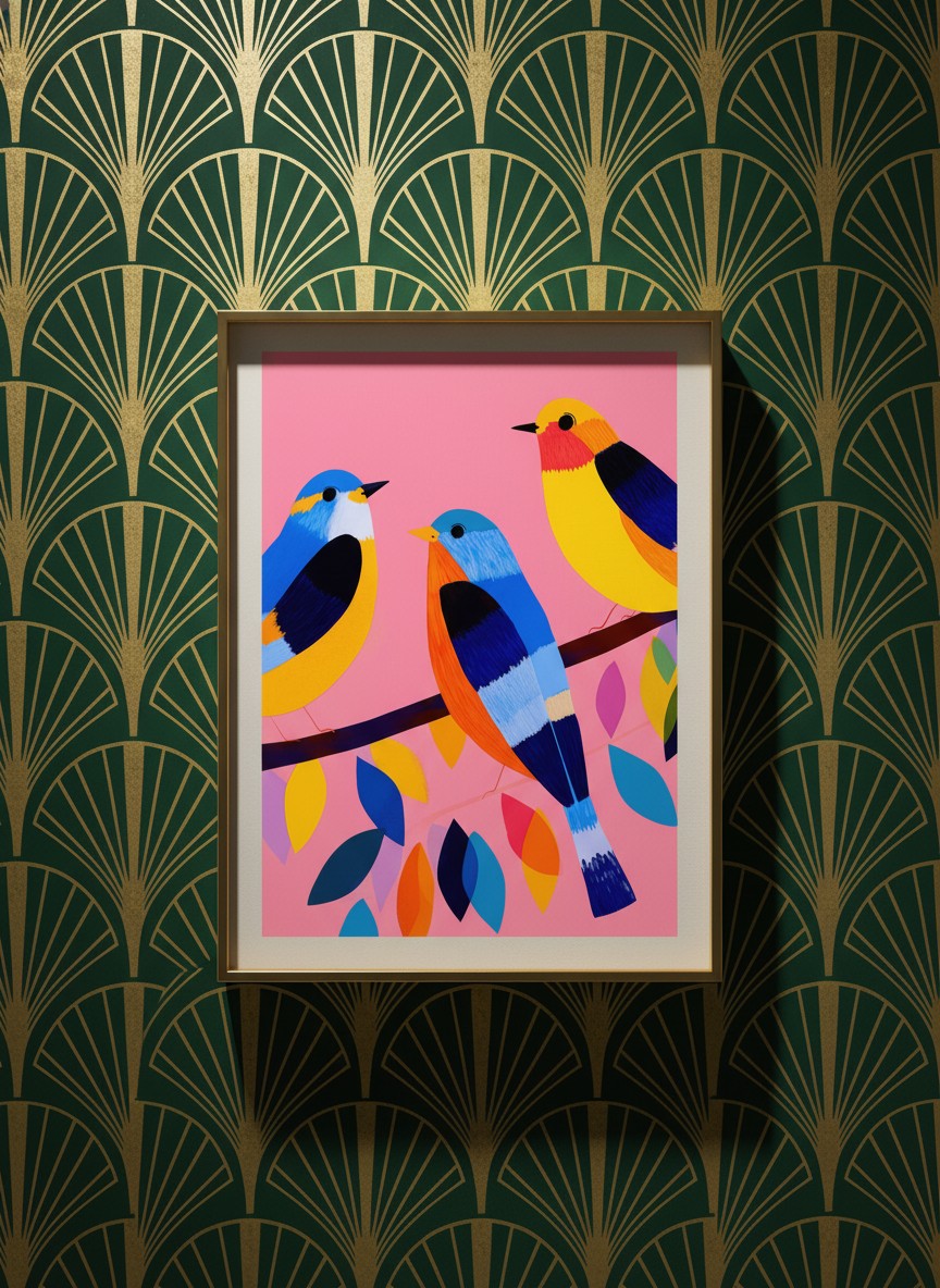 Colorful Birds on Branch Art art print shown in a art deco geometric setting