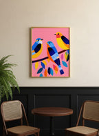 Colorful Birds on Branch Art art print shown in a black wainscoting gold setting
