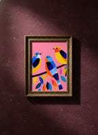 Colorful Birds on Branch Art art print shown in a burgundy brass setting
