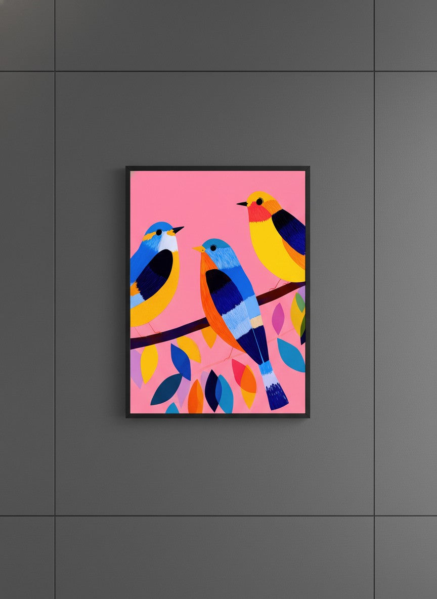 Colorful Birds on Branch Art art print shown in a charcoal minimal black setting