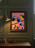 Colorful Birds on Branch Art art print shown in a dark olive study setting