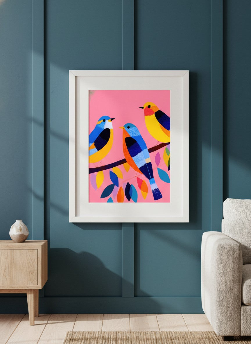 Colorful Birds on Branch Art art print shown in a deep teal modern setting