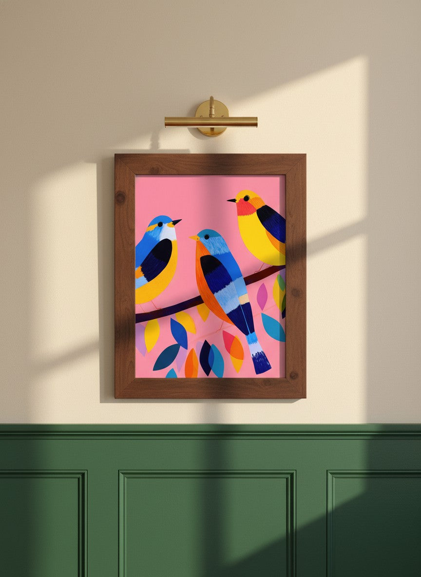 Colorful Birds on Branch Art art print shown in a forest green walnut setting
