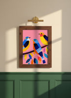 Colorful Birds on Branch Art art print shown in a forest green walnut setting