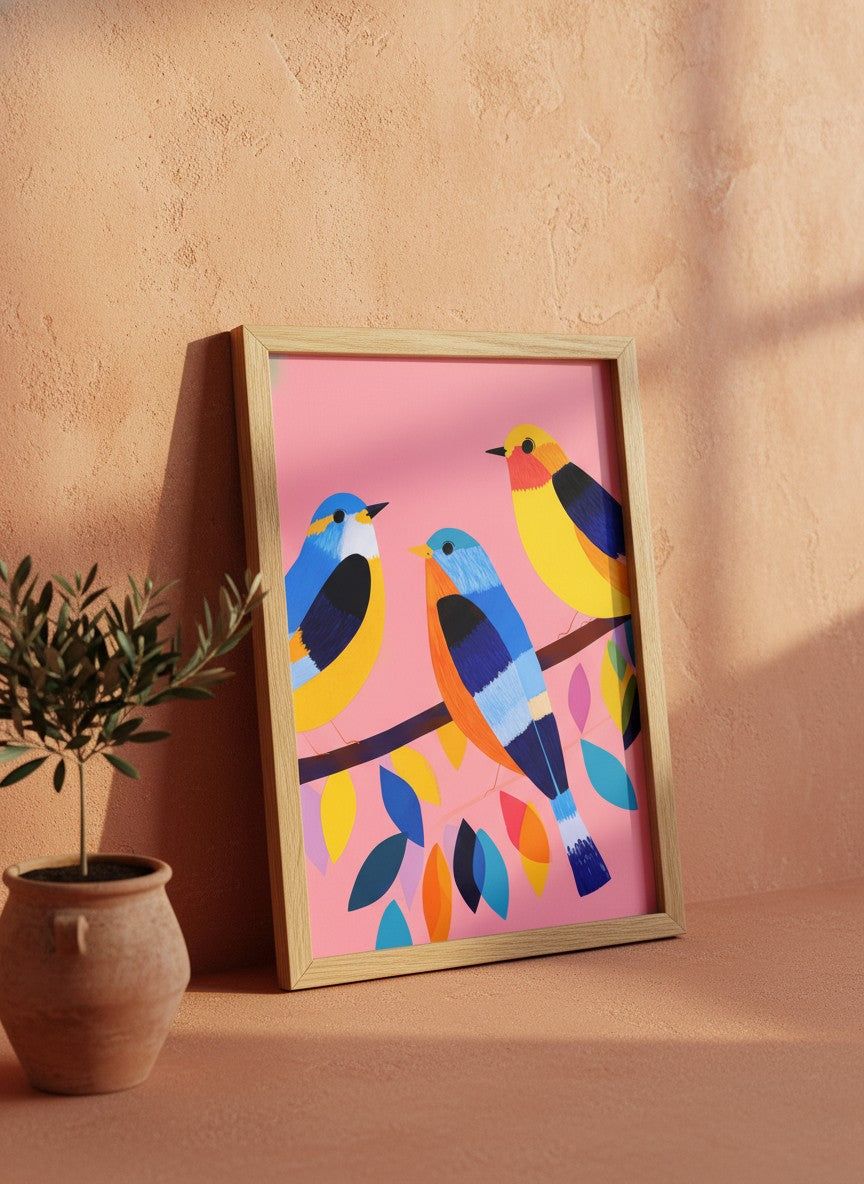 Colorful Birds on Branch Art art print shown in a terracotta rustic setting