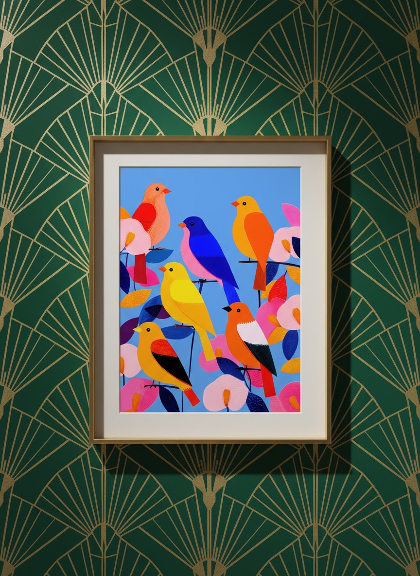 Colorful Songbird Flock Art art print shown in a art deco geometric setting