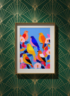 Colorful Songbird Flock Art art print shown in a art deco geometric setting