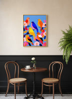 Colorful Songbird Flock Art art print shown in a black wainscoting gold setting