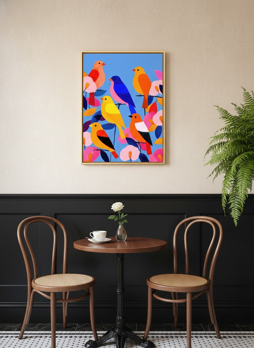 Colorful Songbird Flock Art art print shown in a black wainscoting gold setting