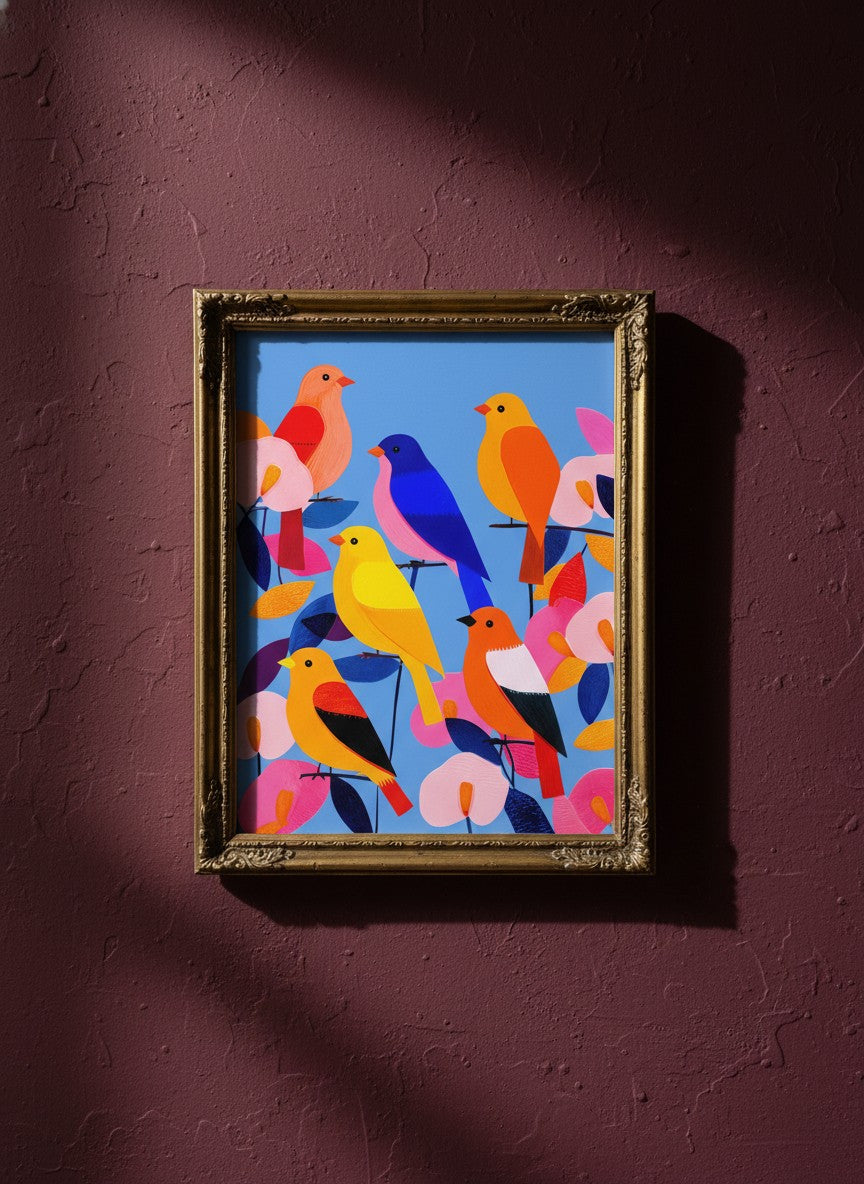 Colorful Songbird Flock Art art print shown in a burgundy brass setting