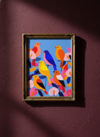 Colorful Songbird Flock Art art print shown in a burgundy brass setting