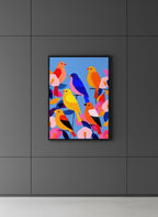 Colorful Songbird Flock Art art print shown in a charcoal minimal black setting