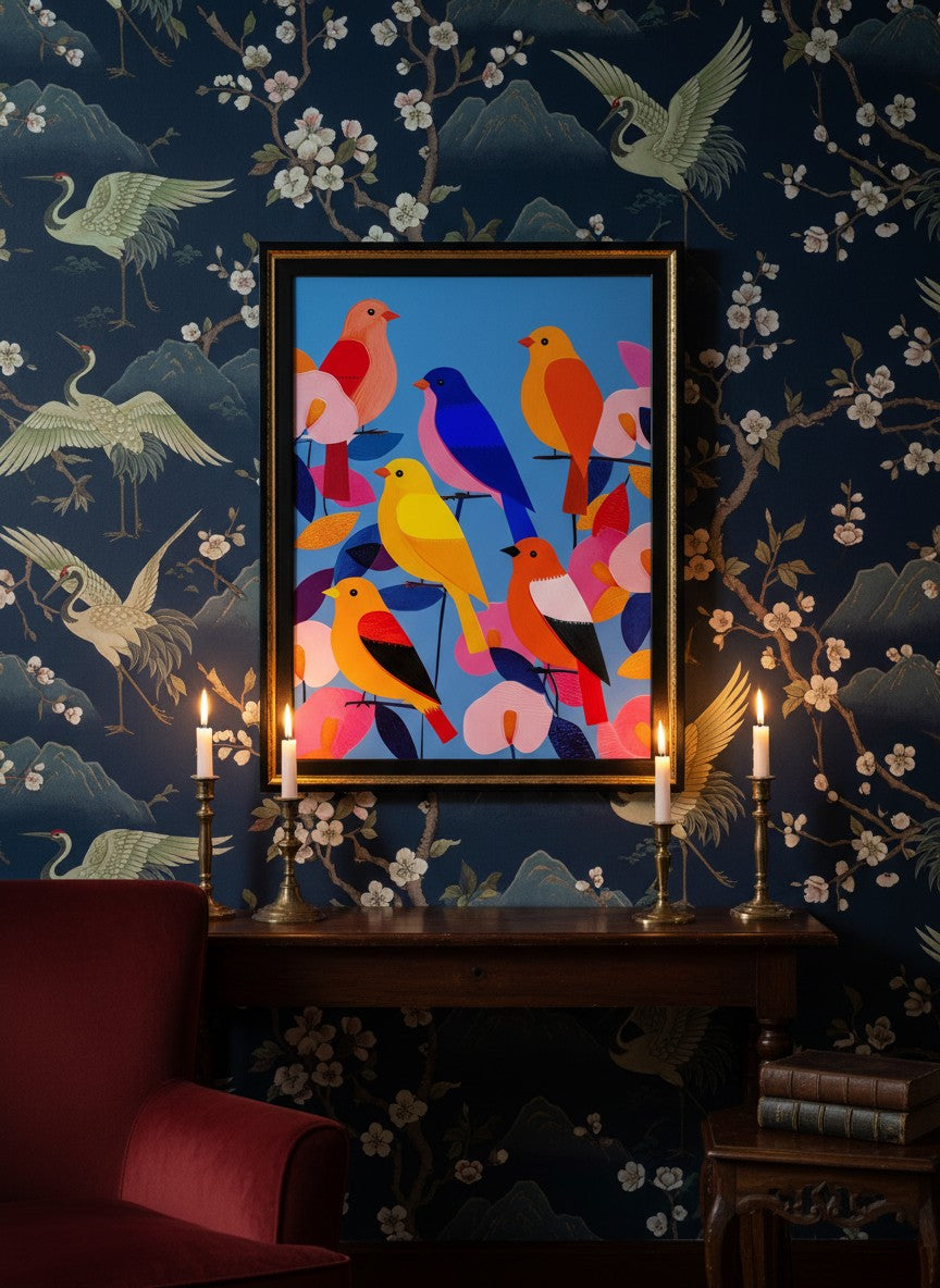 Colorful Songbird Flock Art art print shown in a chinoiserie moody setting