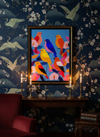Colorful Songbird Flock Art art print shown in a chinoiserie moody setting
