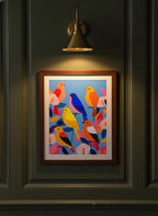 Colorful Songbird Flock Art art print shown in a dark olive study setting