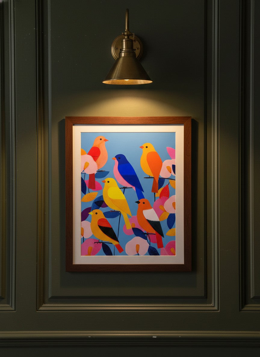 Colorful Songbird Flock Art art print shown in a dark olive study setting