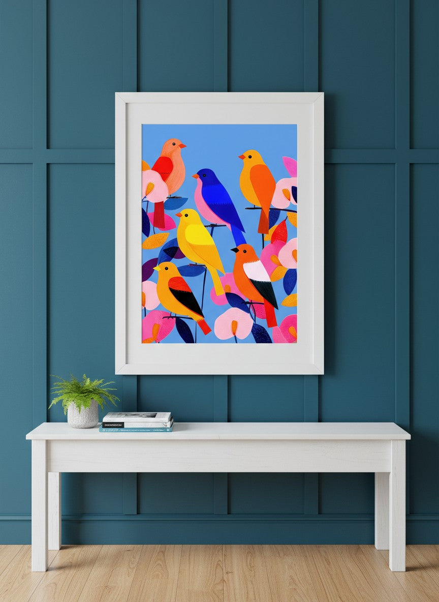 Colorful Songbird Flock Art art print shown in a deep teal modern setting