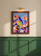 Colorful Songbird Flock Art art print shown in a forest green walnut setting