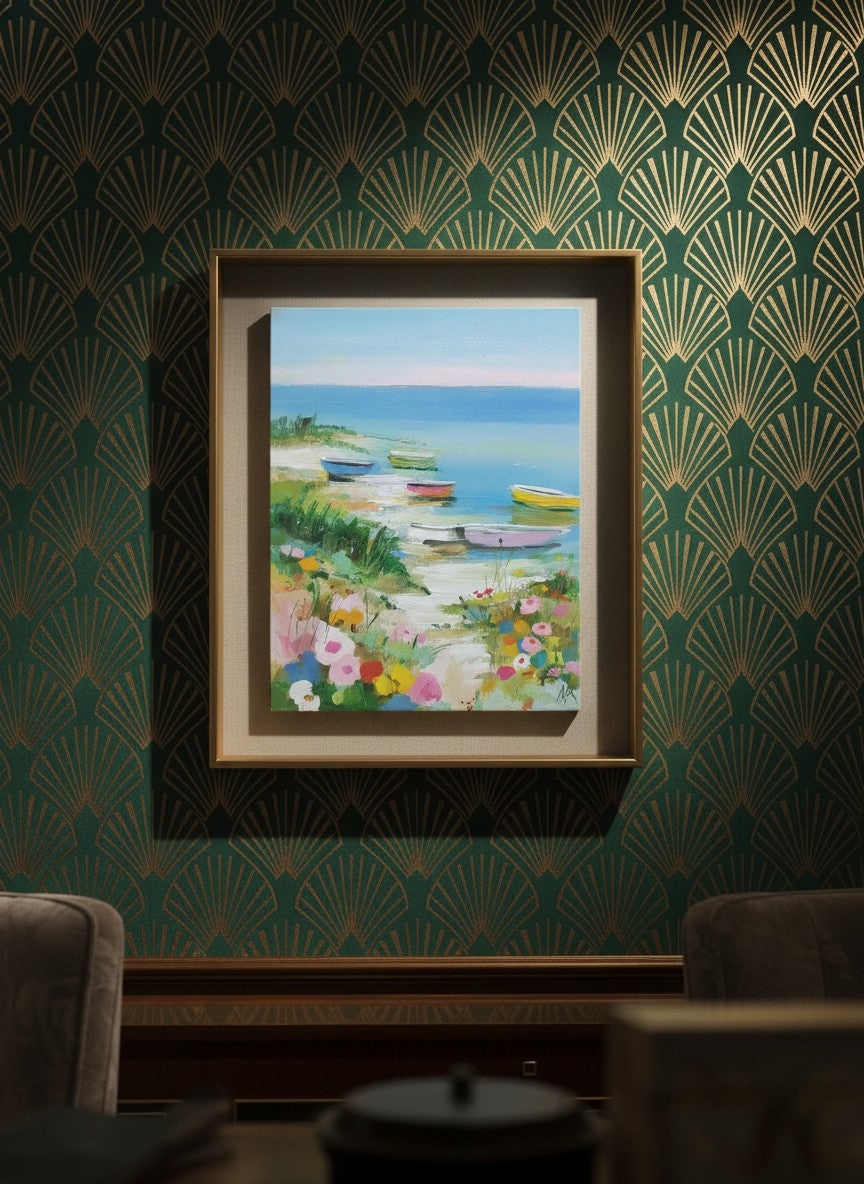 Colorful Coastal Boats Wildflowers art print shown in a art deco geometric setting