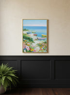 Colorful Coastal Boats Wildflowers art print shown in a black wainscoting gold setting