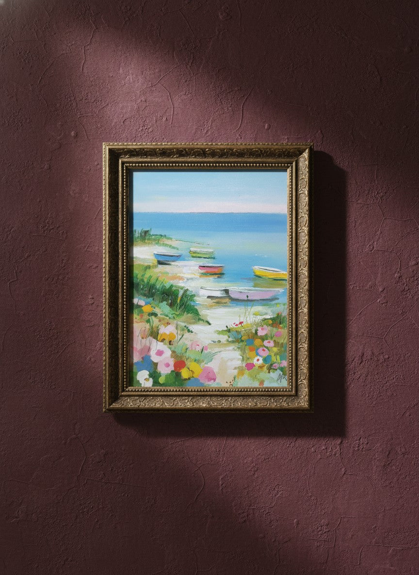 Colorful Coastal Boats Wildflowers art print shown in a burgundy brass setting