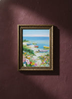 Colorful Coastal Boats Wildflowers art print shown in a burgundy brass setting