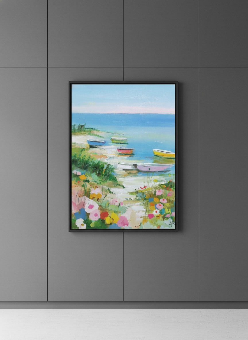 Colorful Coastal Boats Wildflowers art print shown in a charcoal minimal black setting