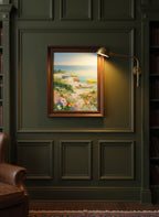 Colorful Coastal Boats Wildflowers art print shown in a dark olive study setting