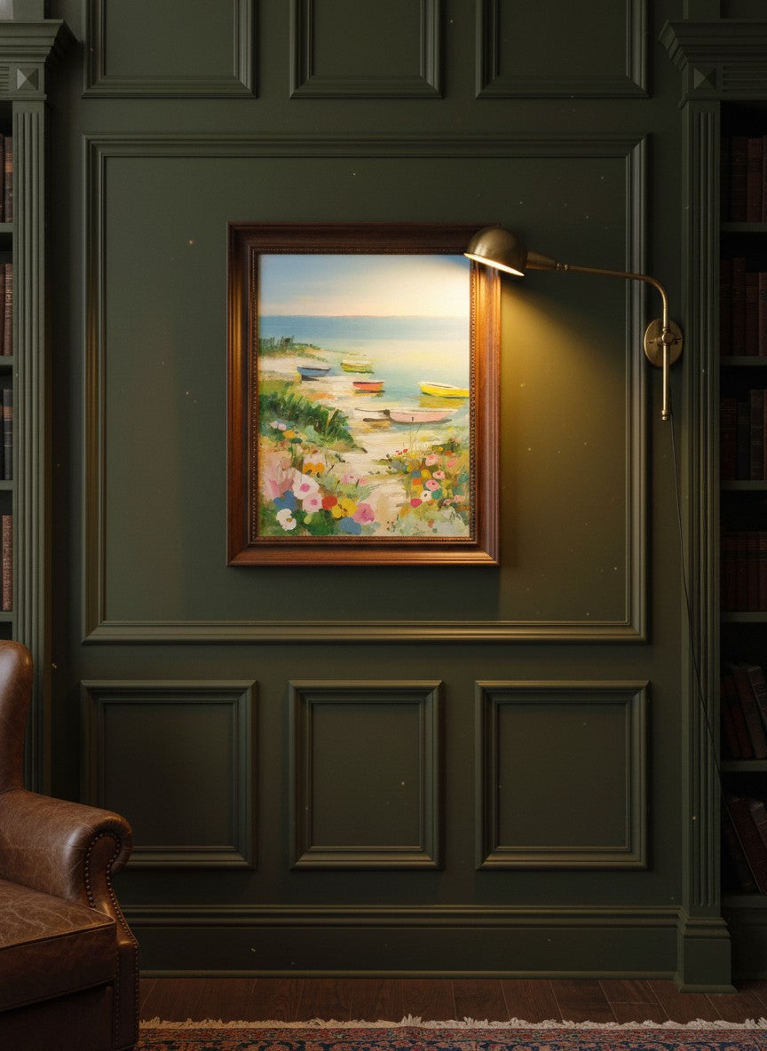 Colorful Coastal Boats Wildflowers art print shown in a dark olive study setting