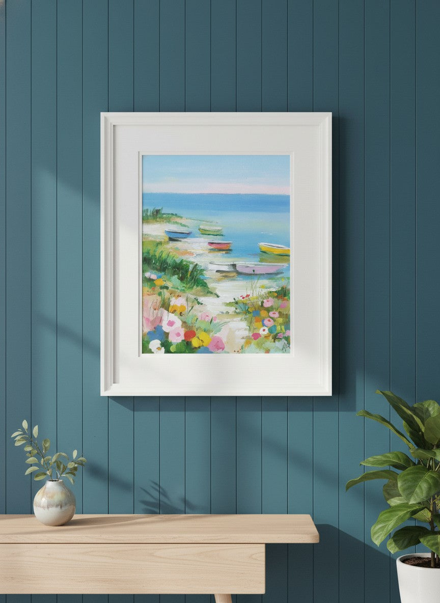 Colorful Coastal Boats Wildflowers art print shown in a deep teal modern setting