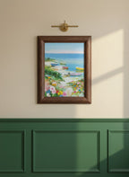 Colorful Coastal Boats Wildflowers art print shown in a forest green walnut setting